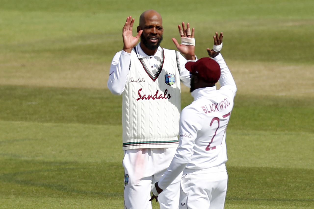 Roston Chase celebrates taking the wicket of Joe Denly for 29, England v West Indies, 1st Test, 4th day, Southampton, July 11, 2020