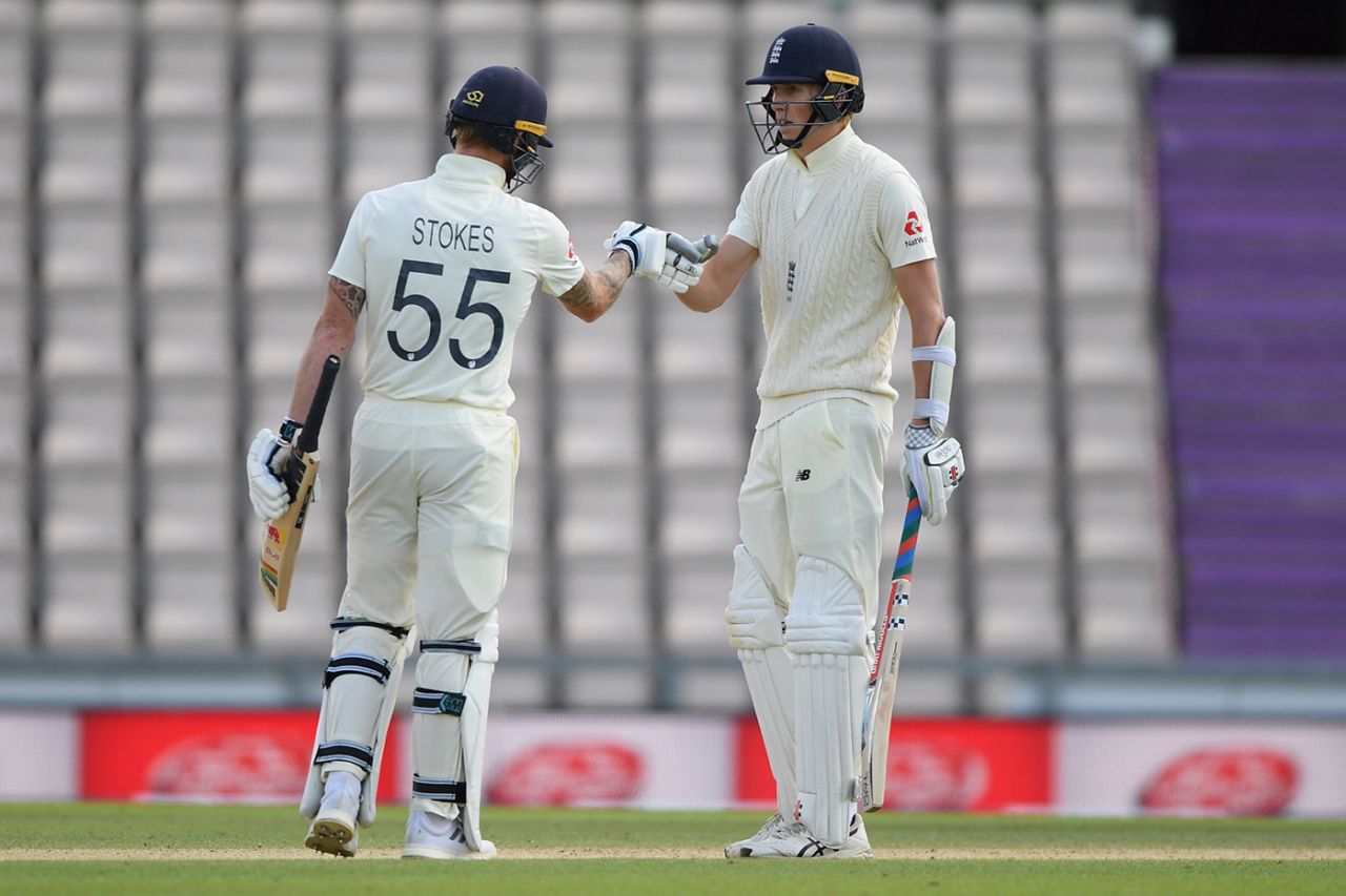 Ben Stokes congratulates Zak Crawley on his half-century, England v West Indies, 1st Test, 4th day, Southampton, July 11, 2020