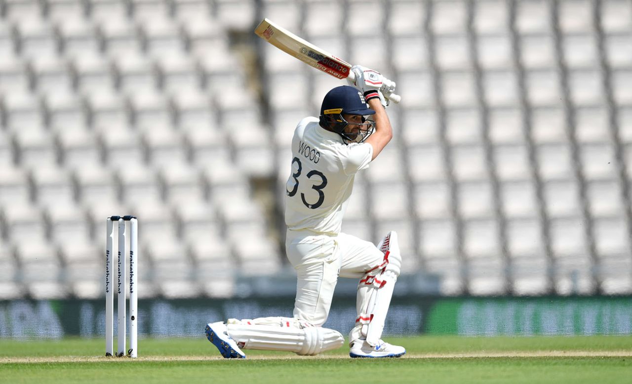Mark Wood bats, England v West Indies, 1st Test, 5th day, Southampton, July 12, 2020
