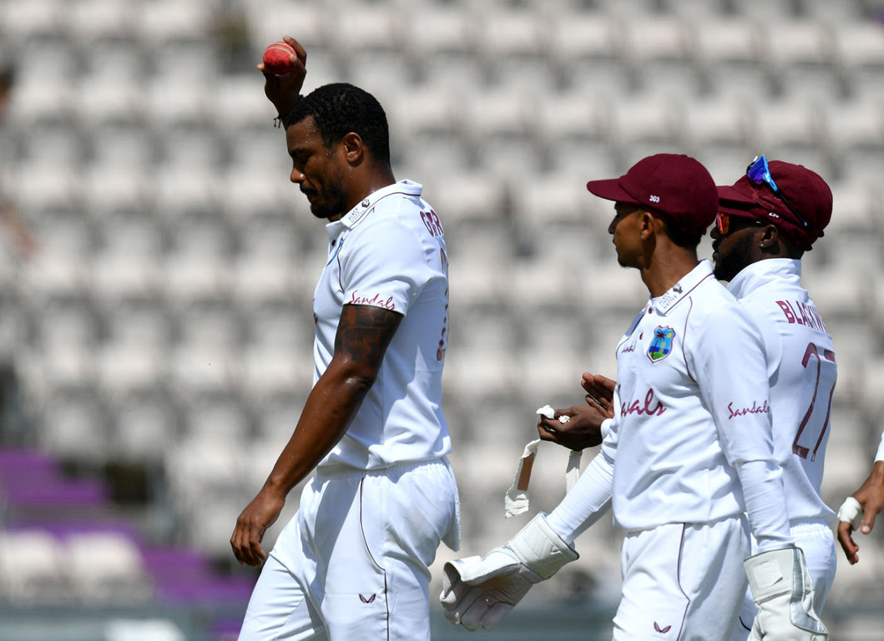 Shannon Gabriel walks off with the ball raised aloft for his five-for, England v West Indies, 1st Test, 5th day, Southampton, July 12, 2020
