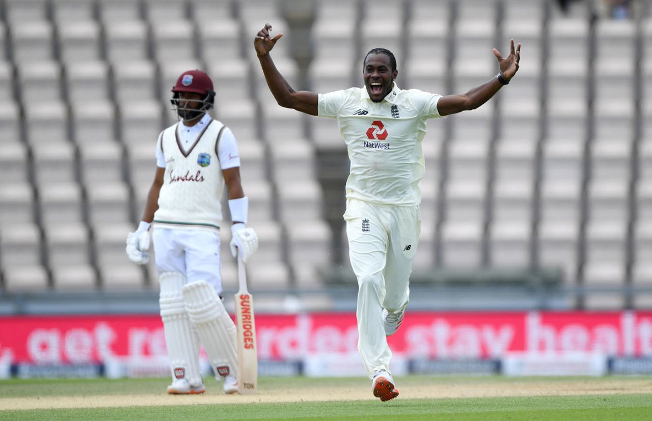 Jofra Archer celebrates a breakthrough, England v West Indies, 1st Test, 5th day, Southampton, July 12, 2020