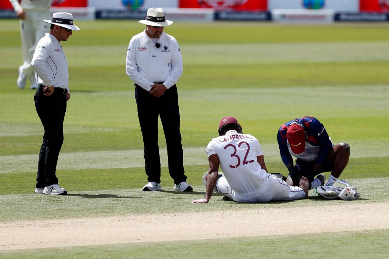 John Campbell receives treatment after being struck on the foot by a Jofra Archer yorker, England v West Indies, 1st Test, 5th day, Southampton, July 12, 2020