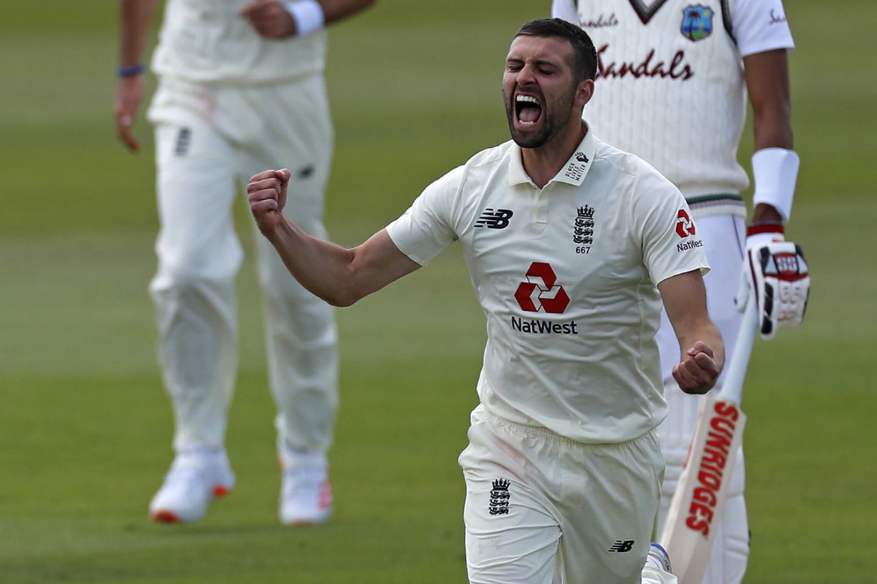 Mark Wood roars in celebration after bowling Shai Hope, England v West Indies, 1st Test, 5th day, Southampton, July 12, 2020
