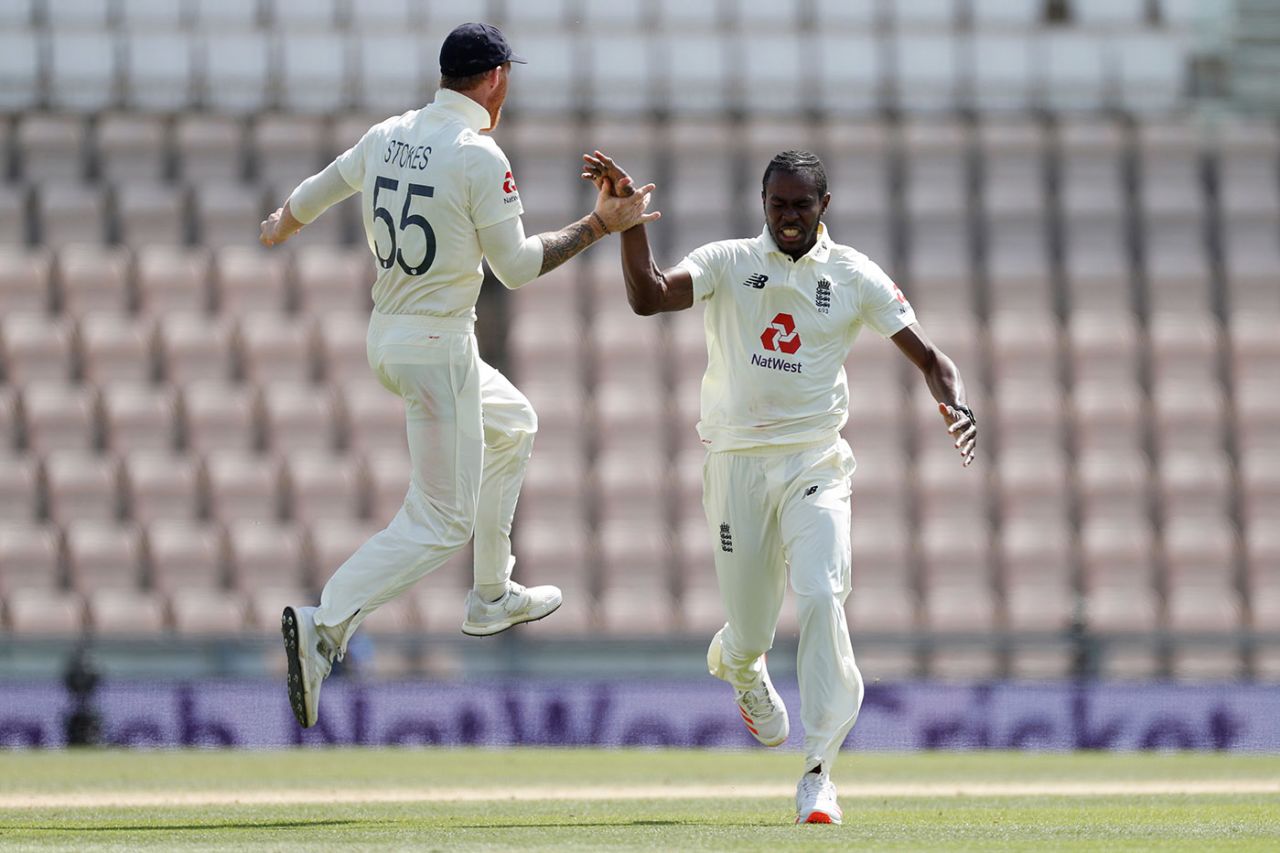 Jofra Archer and Ben Stokes celebrate the dismissal of Roston Chase, England v West Indies, 1st Test, 5th day, Southampton, July 12, 2020