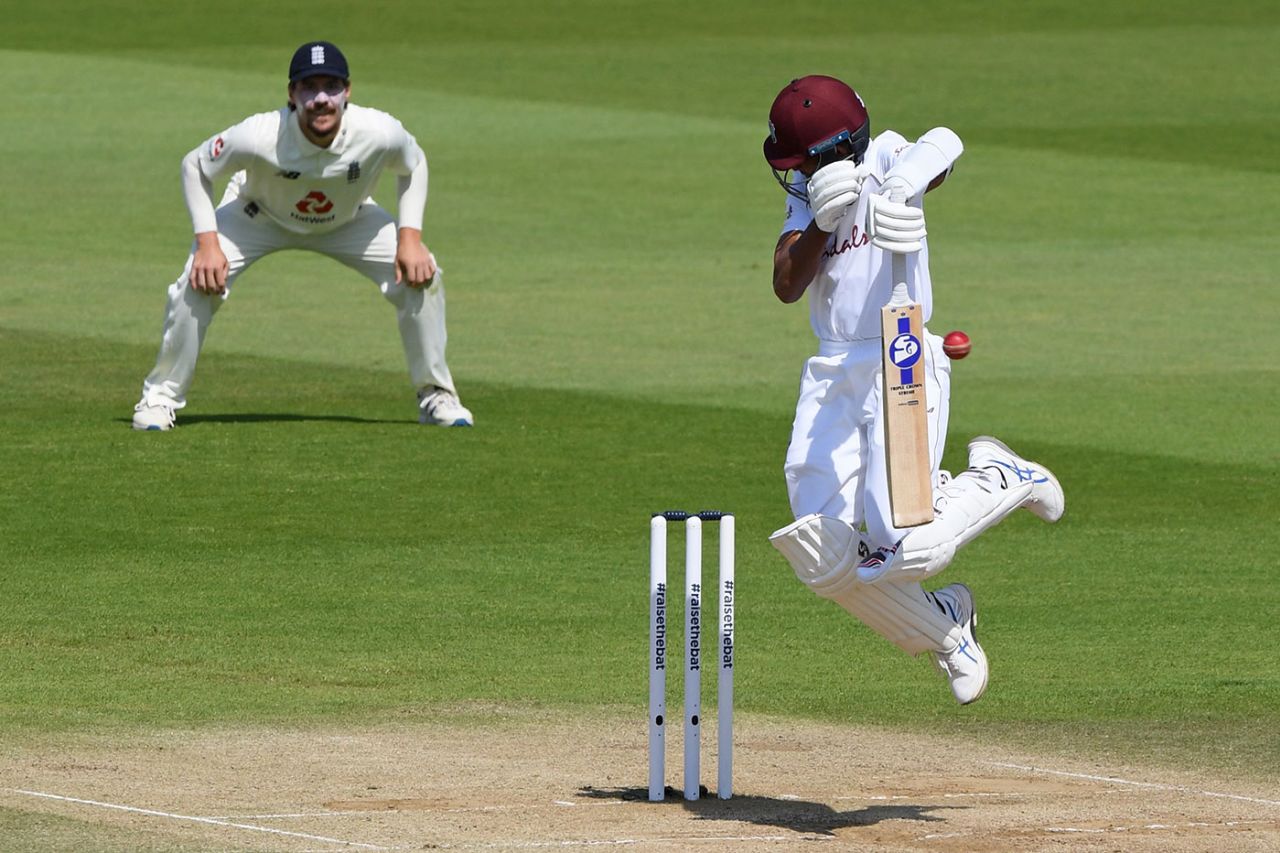 Shane Dowrich leaps to evade a short ball from Jofra Archer, England v West Indies, 1st Test, 5th day, Southampton, July 12, 2020