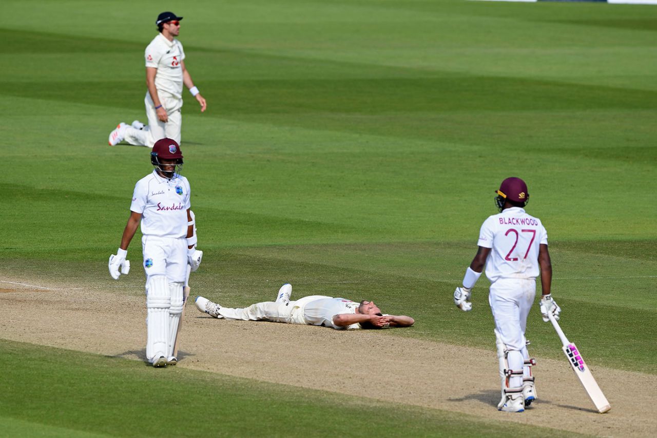 Mark Wood reacts after a shot from Jermaine Blackwood beats Anderson's attempted catch, England v West Indies, 1st Test, 5th day, Southampton, July 12, 2020