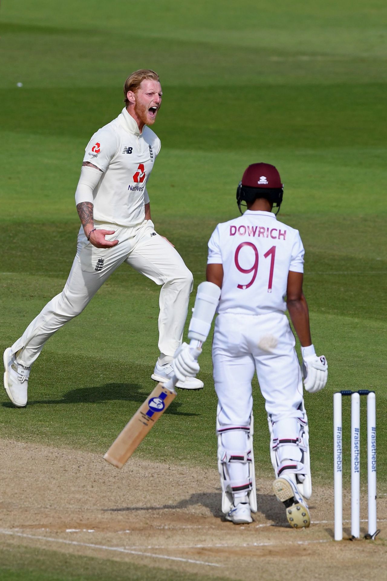 Ben Stokes celebrates after taking the wicket of Shane Dowrich, England v West Indies, 1st Test, 5th day, Southampton, July 12, 2020