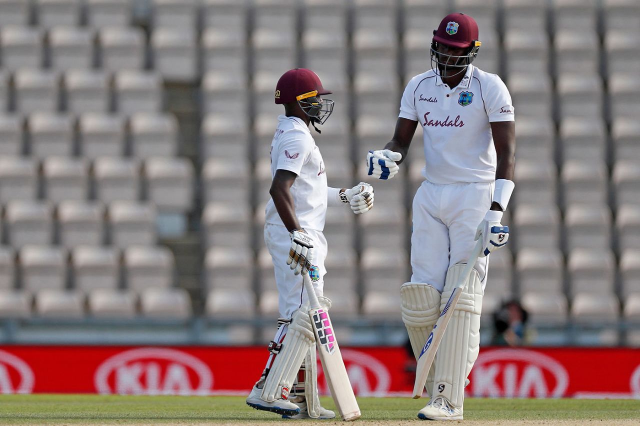 Jermaine Blackwood and Jason Holder chat in the middle, England v West Indies, 1st Test, 5th day, Southampton, July 12, 2020