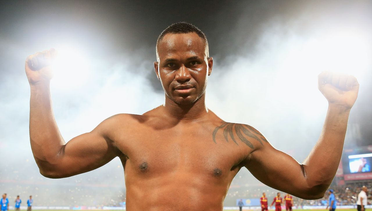 Player of the match Marlon Samuels soaks in the moment, England v West Indies, World T20, final, Kolkata, April 3, 2016 