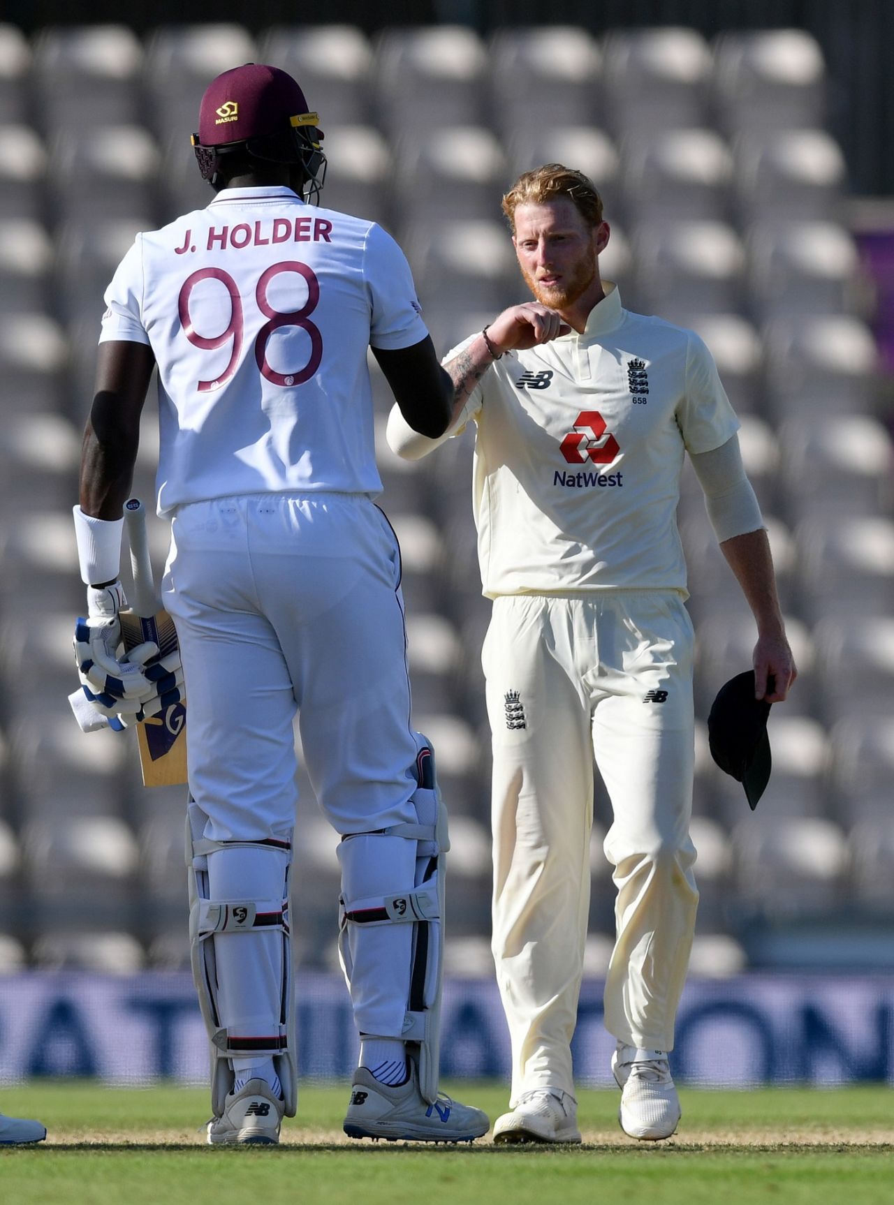 Jason Holder and Ben Stokes exchange a fist bump after the match, England v West Indies, 1st Test, Southampton, day 5, July 12, 2020