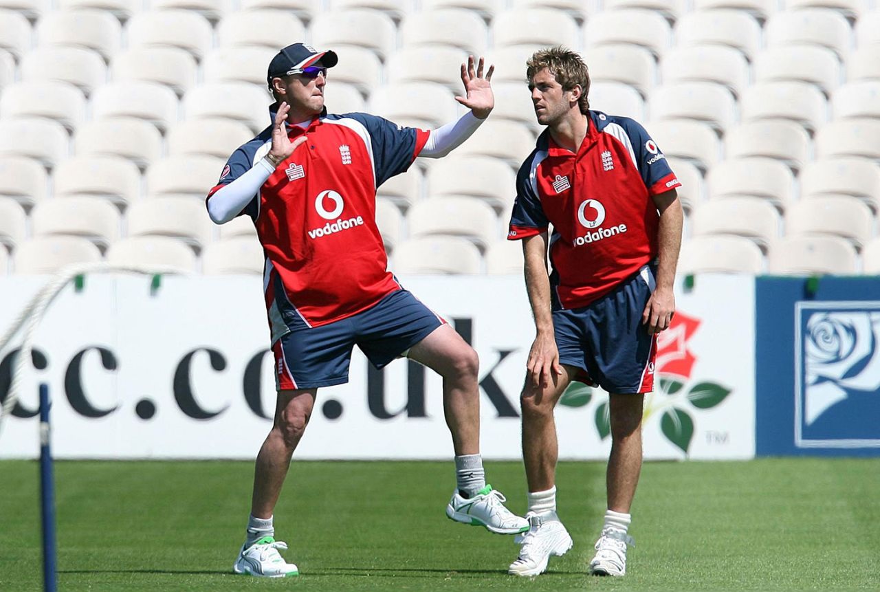 Liam Plunkett works on his bowling action with England's then-bowling coach, Allan Donald, Old Trafford, June 6, 2007