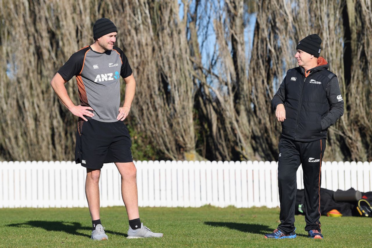 Batting coach Peter Fulton and head coach Gary Stead have a chat in the nets, Lincoln, July 14, 2020