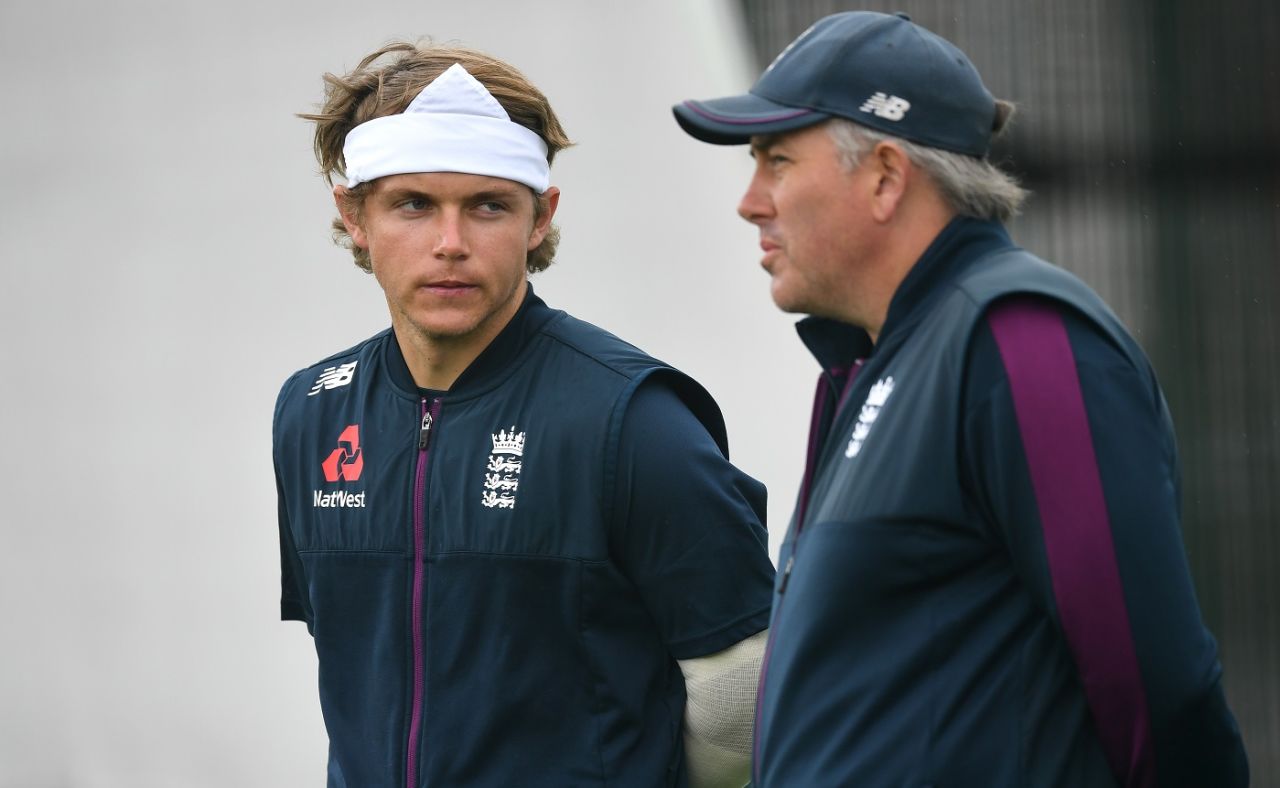 Sam Curran and Chris Silverwood during a practice session, Manchester, July 14, 2020