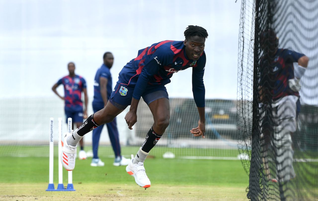 Chemar Holder bowls in the nets before the second Test, Old Trafford, July 14, 2020
