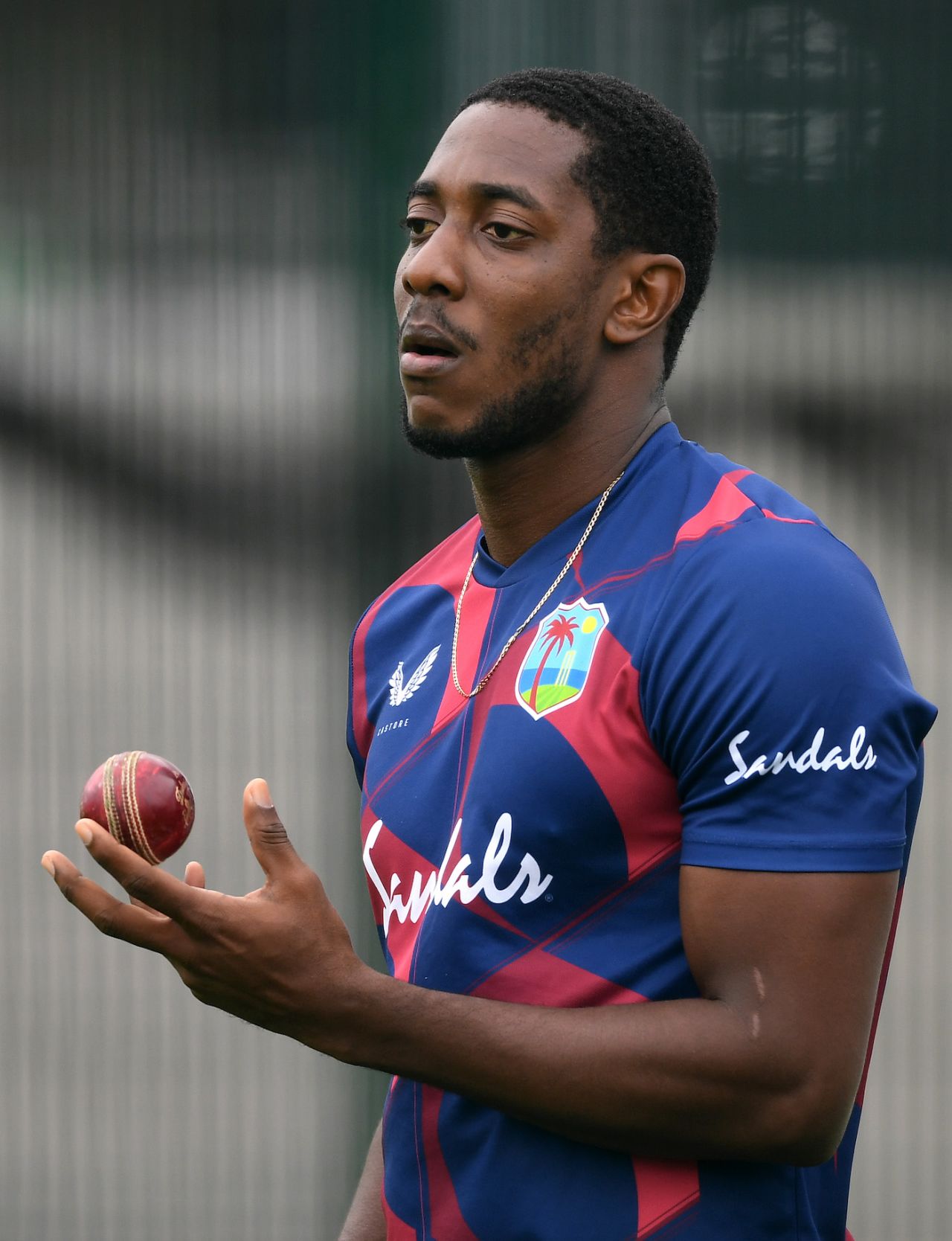 Preston McSween waits to bowl in the nets, Old Trafford, July 14, 2020