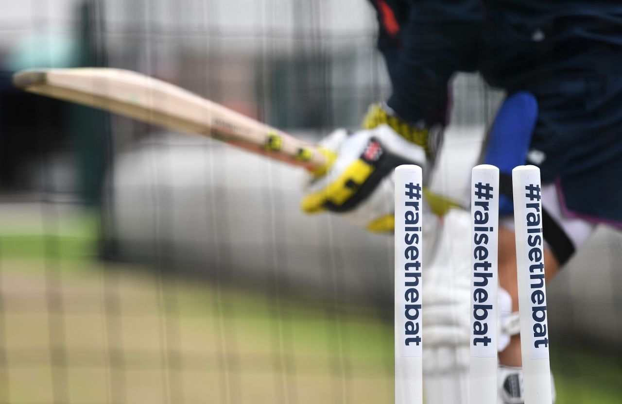 The "#raisethebat" branding on the stumps during an England practice session, Manchester, July 14, 2020