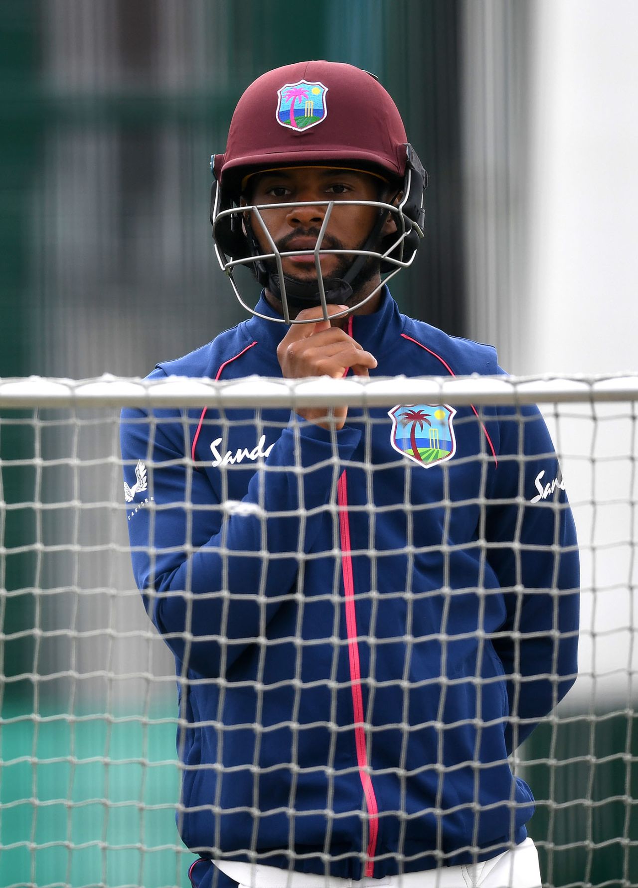 Shai Hope looks on in the nets, Old Trafford, July 14, 2020