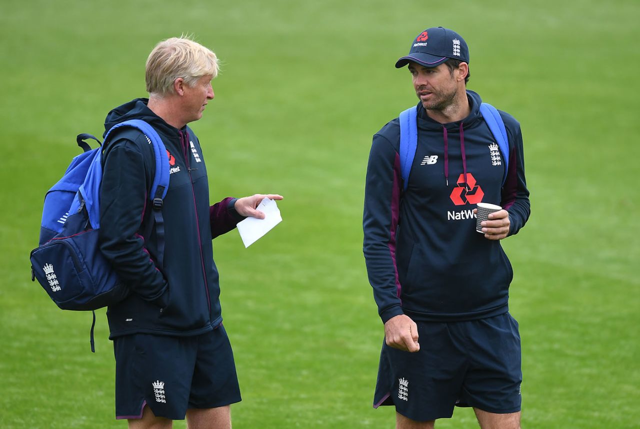 James Anderson chats to England bowling coach Glen Chapple in training, Manchester, July 15, 2020