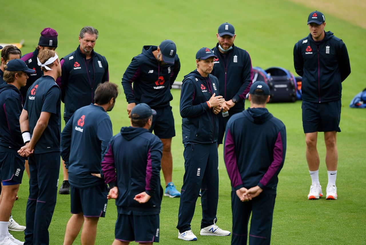 Joe Root addresses his squad before the second Test, England v West Indies, 2nd Test, Old Trafford, July 16, 2020