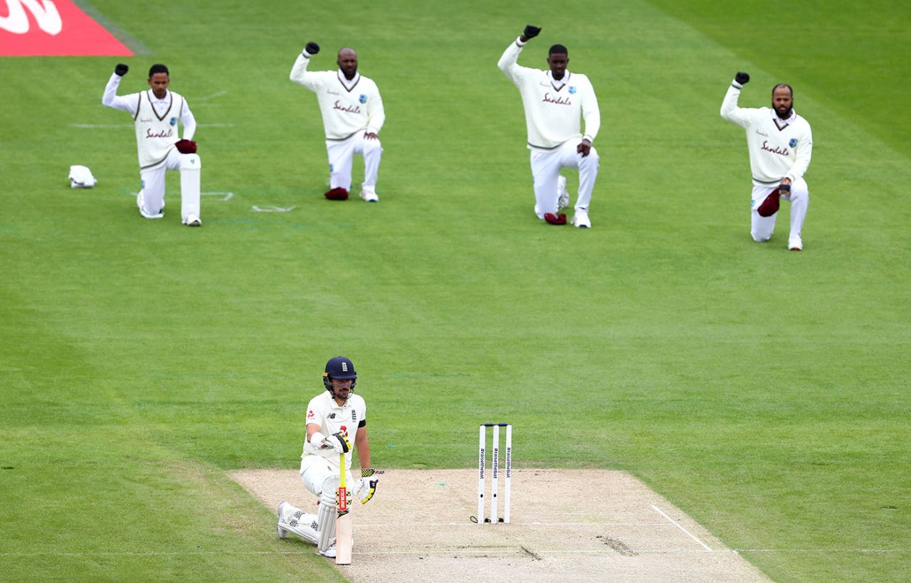 Both teams take a knee before the first ball is bowled, England v West Indies, 2nd Test, Old Trafford, July 16, 2020
