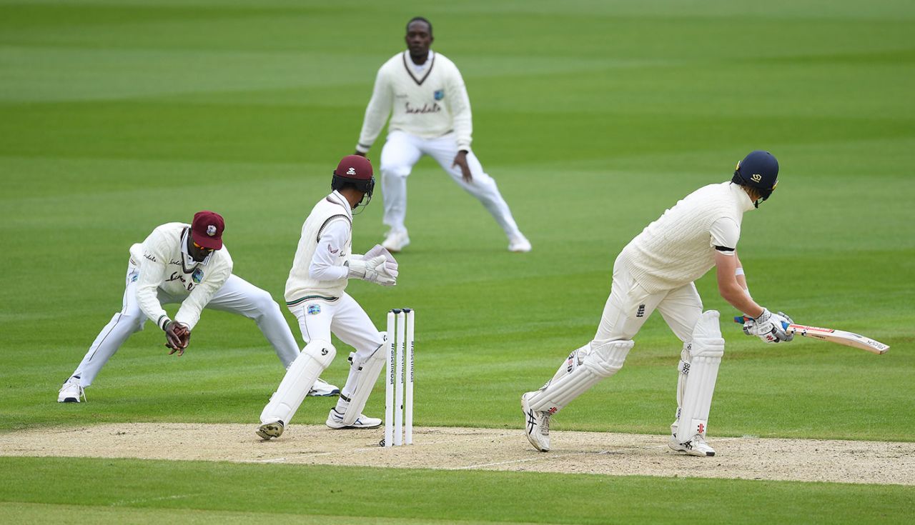 Zak Crawley was caught down the leg side for a first-ball duck, England v West Indies, 2nd Test, Old Trafford, July 16, 2020