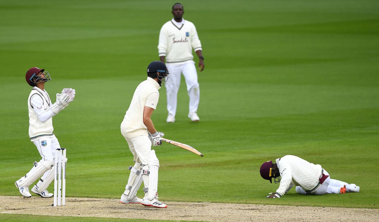 Shamarh Brooks dropped Dom Sibley at short leg, England v West Indies, 2nd Test, Old Trafford, July 16, 2020