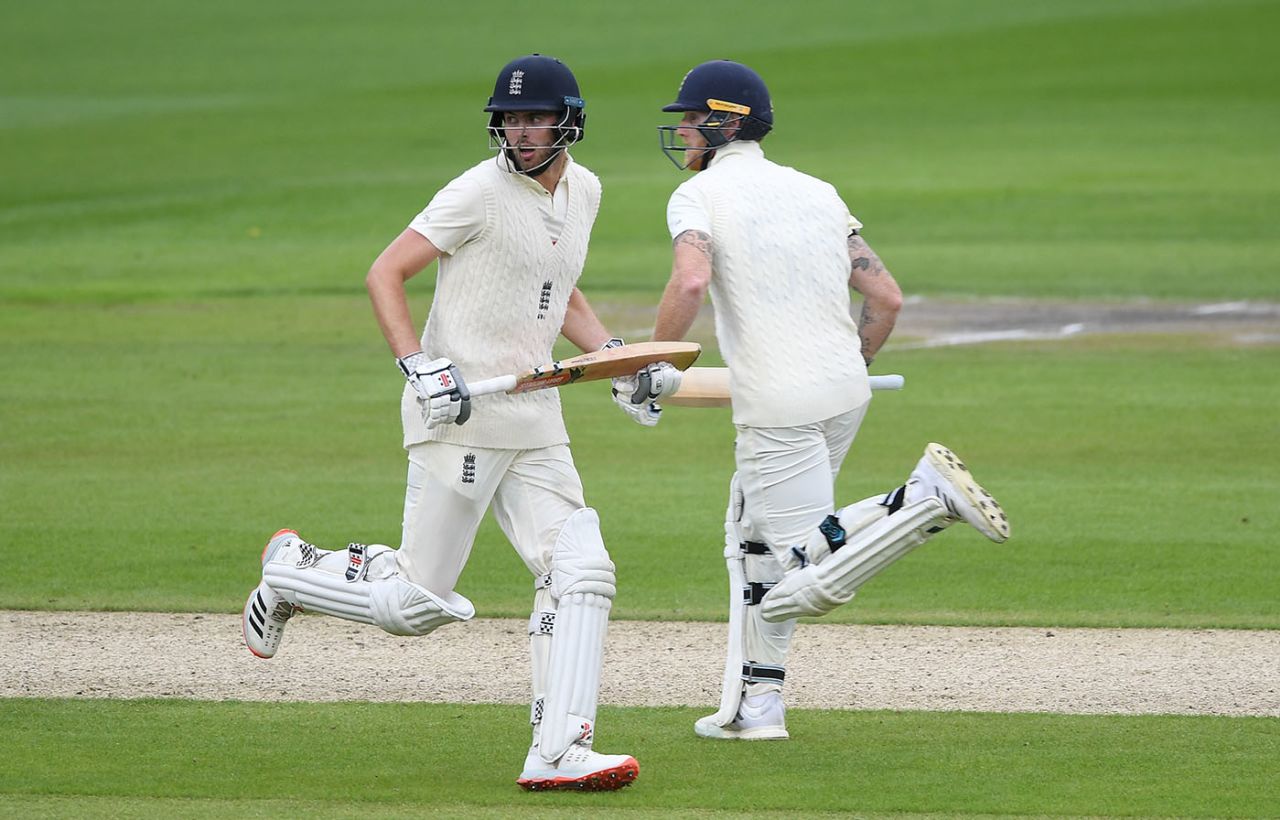 Dom Sibley and Ben Stokes run between the wicket, England v West Indies, 2nd Test, Old Trafford, July 16, 2020