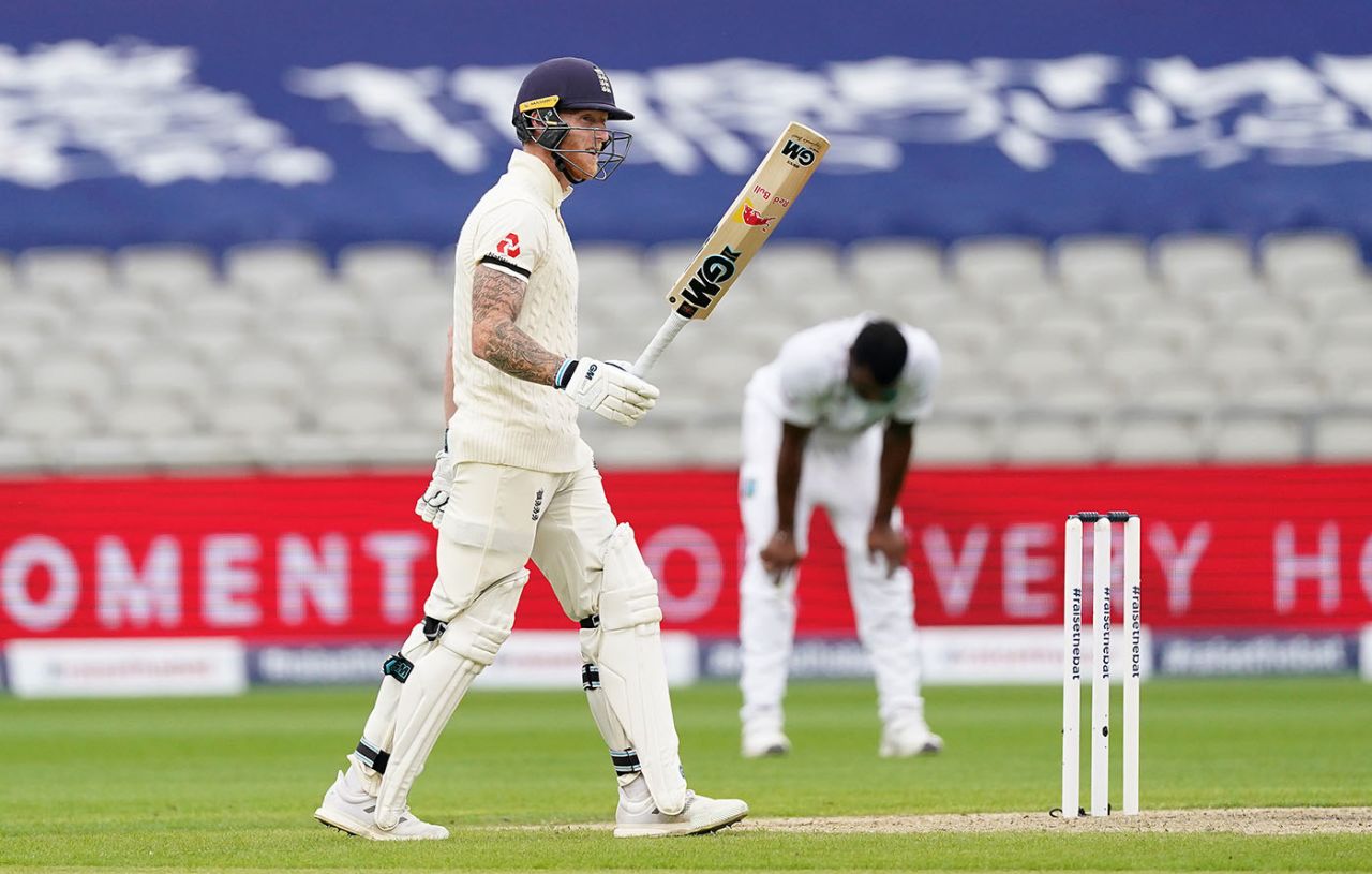 Ben Stokes raises his bat to acknowledge his half-century, England v West Indies, 2nd Test, Old Trafford, July 16, 2020