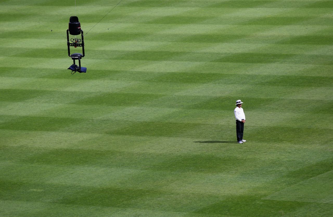 Spidercam is seen above umpire Asad Rauf, day four, first Test, Australia v South Africa, The Gabba, Brisbane, Australia,  November 12, 2012 