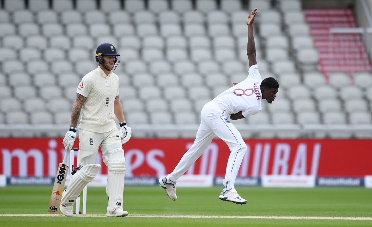 Ben Stokes backs up as Alzarri Joseph bowls, England v West Indies, 2nd Test, Day 2, Emirates Old Trafford, July 17, 2020