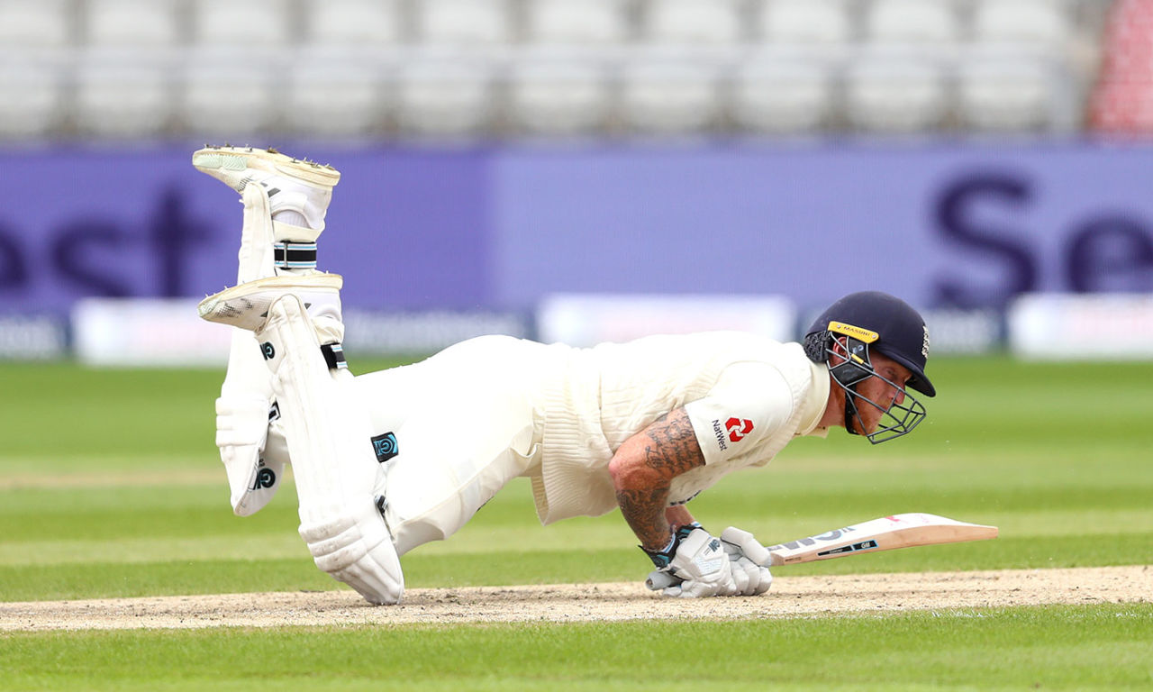 Ben Stokes is knocked off his feet by a yorker, England v West Indies, 2nd Test, Day 2, Emirates Old Trafford, July 17, 2020
