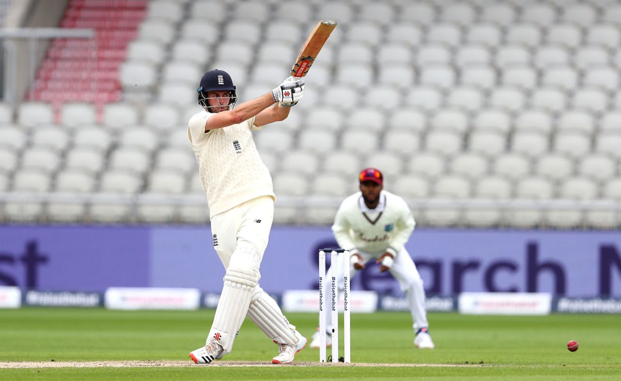 Dom Sibley pulls through the leg side, England v West Indies, 2nd Test, Day 2, Emirates Old Trafford, July 17, 2020