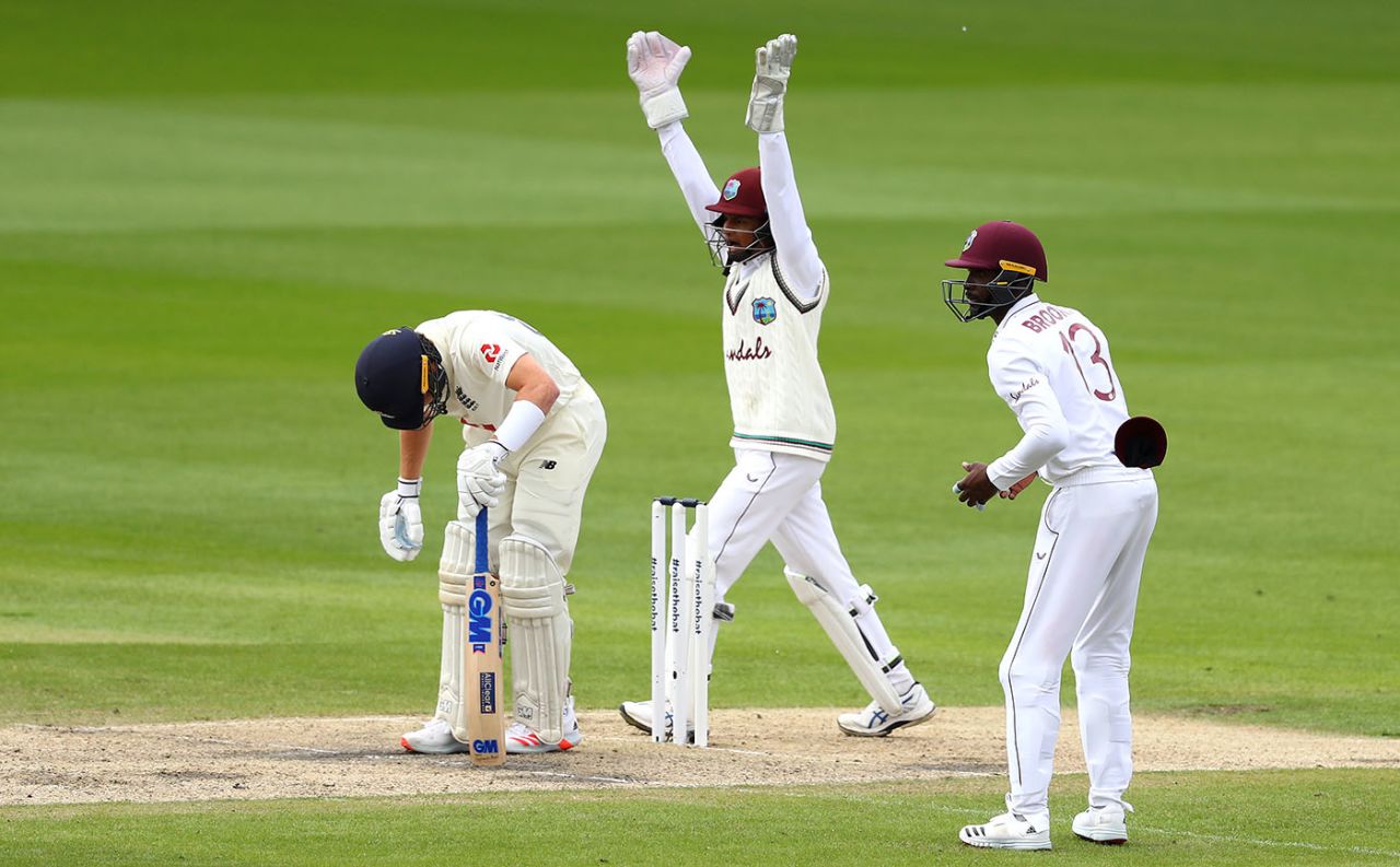 Ollie Pope was trapped lbw by Roston Chase, England v West Indies, 2nd Test, Day 2, Emirates Old Trafford, July 17, 2020