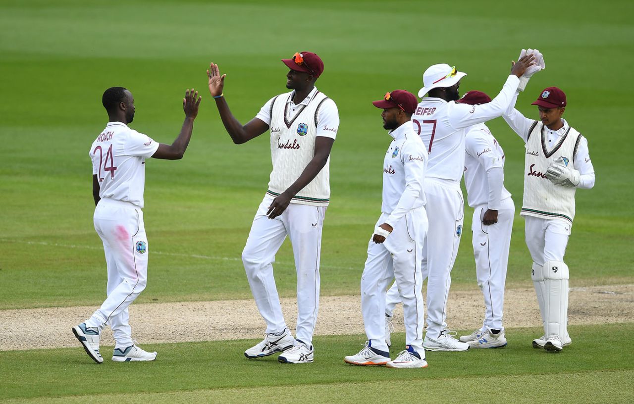 Kemar Roach celebrates after ending his wicket drought, England v West Indies, 2nd Test, Day 2, Emirates Old Trafford, July 17, 2020