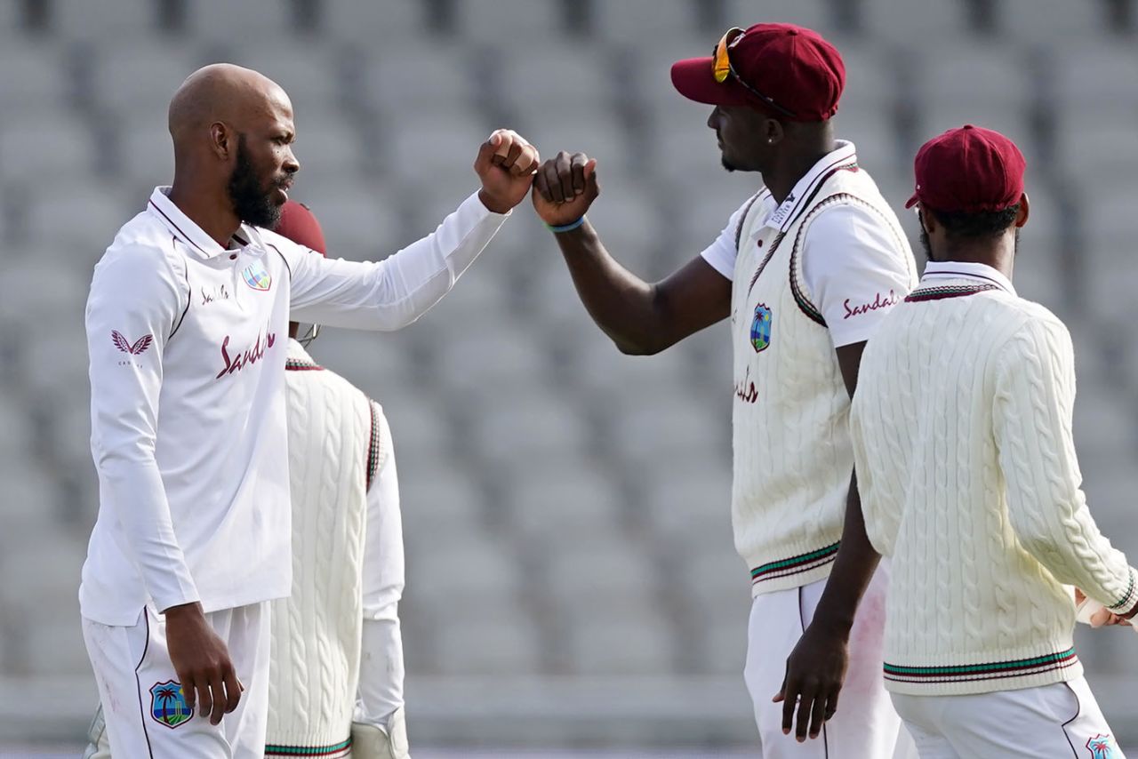 Roston Chase celebrates his five-wicket haul with a fist bump, England v West Indies, 2nd Test, Emirates Old Trafford, 2nd day, July 17, 2020