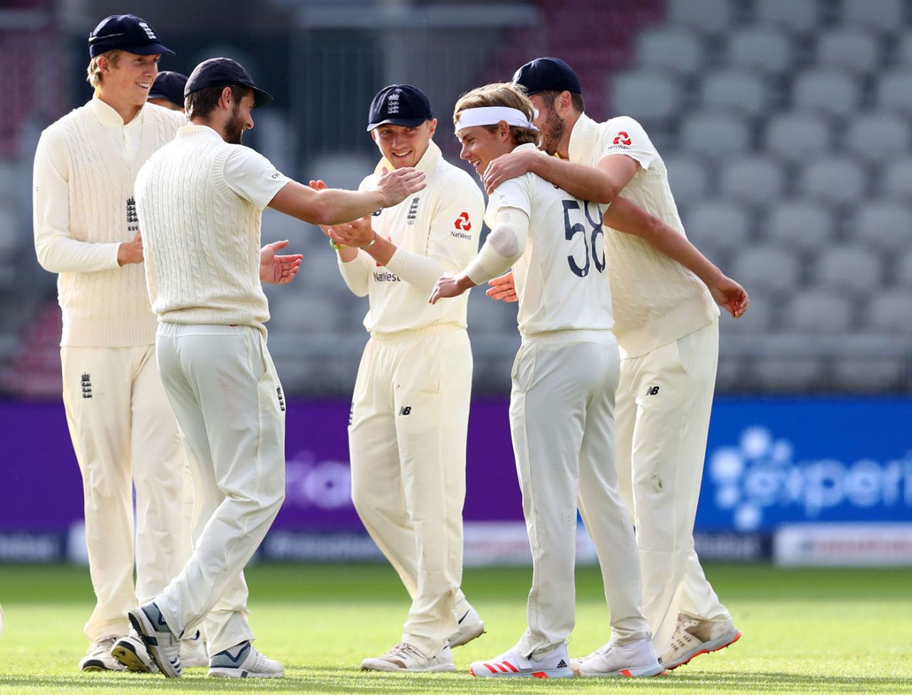 Sam Curran celebrates the early breakthrough, England v West Indies, 2nd Test, Emirates Old Trafford, 2nd day, July 17, 2020