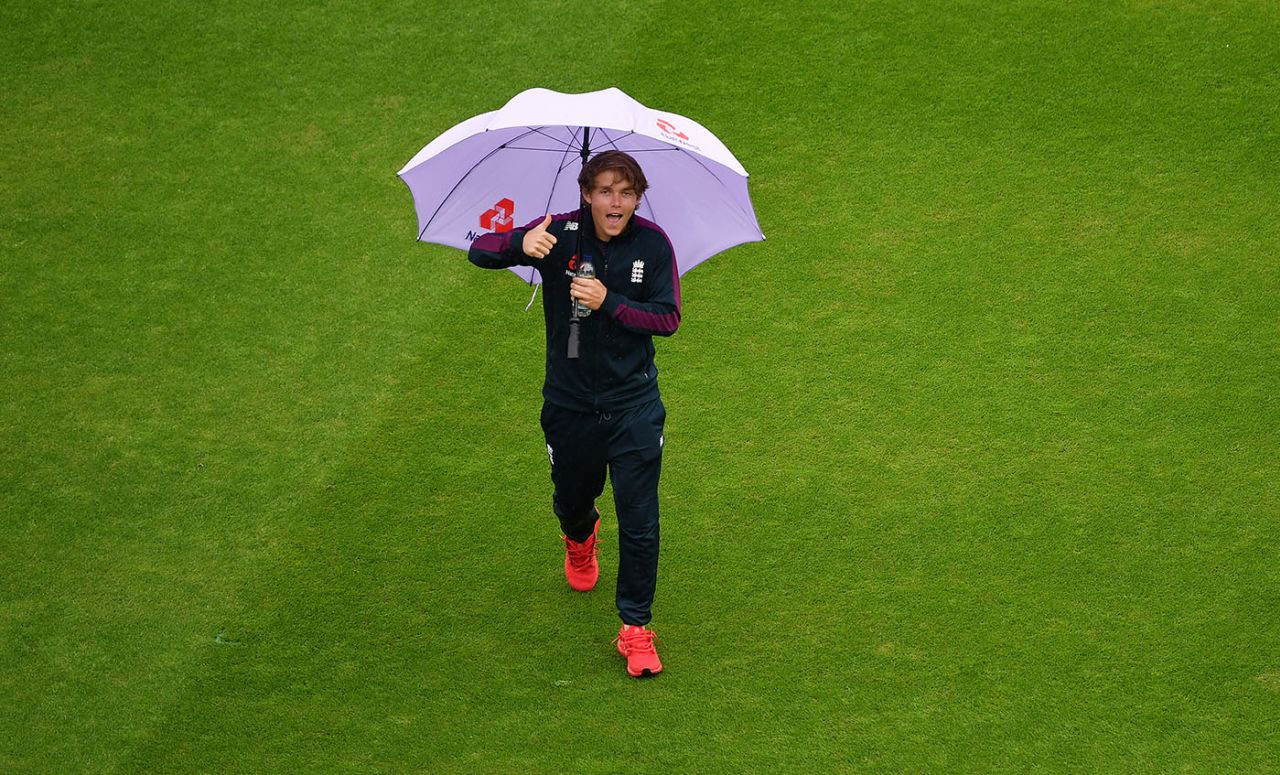 Sam Curran was all smiles despite the rain, England v West Indies, 2nd Test, Emirates Old Trafford, 3rd day, July 18, 2020