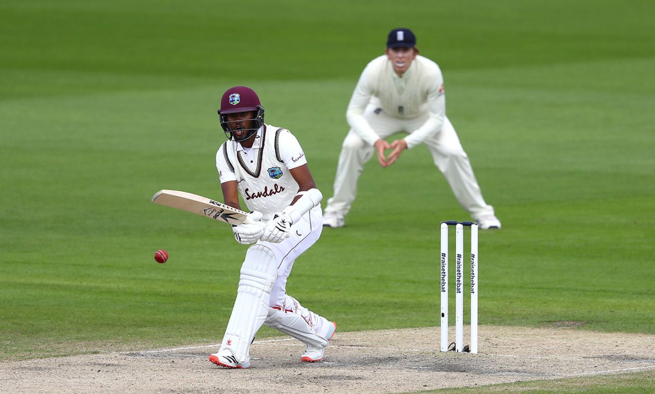 Kraigg Brathwaite works the ball to the on-side, England v West Indies, 2nd Test, Emirates Old Trafford, 4th day, July 19, 2020
