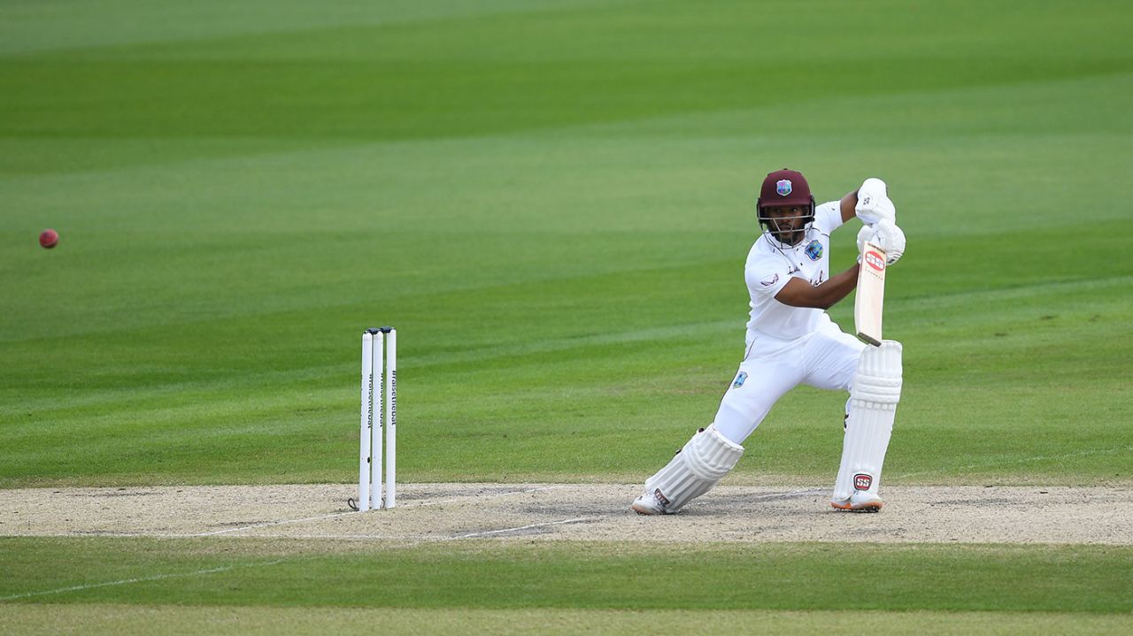 Shai Hope drives through the covers, England v West Indies, 2nd Test, Emirates Old Trafford, 4th day, July 19, 2020