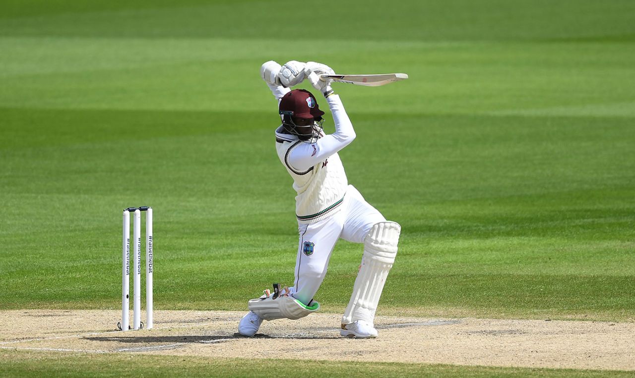 Alzarri Joseph drives down the ground, England v West Indies, 2nd Test, Emirates Old Trafford, 4th day, July 19, 2020