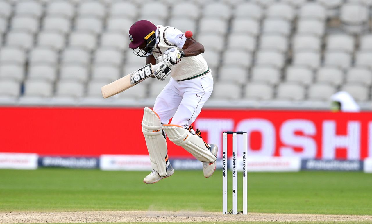 Shamarh Brooks takes evasive action, England v West Indies, 2nd Test, Emirates Old Trafford, 4th day, July 19, 2020