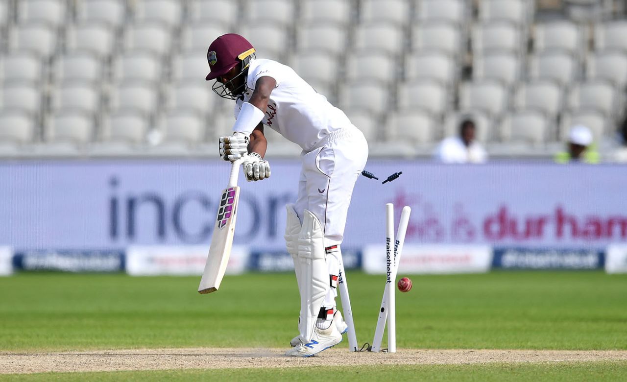 Jermaine Blackwood was cleaned up by Stuart Broad, England v West Indies, 2nd Test, Emirates Old Trafford, 4th day, July 19, 2020