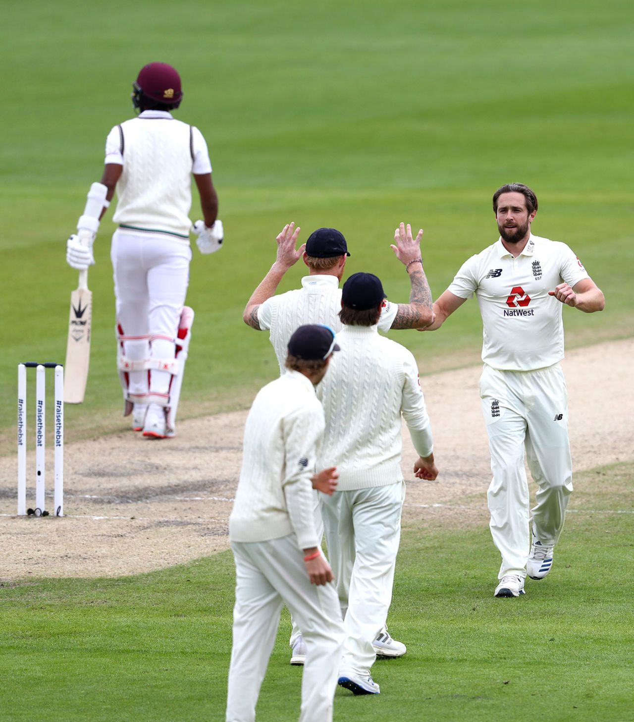 Chris Woakes claimed an early wicket in West Indies' run-chase, England v West Indies, 2nd Test, Emirates Old Trafford, 5th day, July 20, 2020