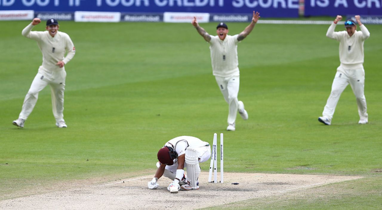 Shai Hope's lean trot continued as he was bowled by Stuart Broad, England v West Indies, 2nd Test, Emirates Old Trafford, 5th day, July 20, 2020