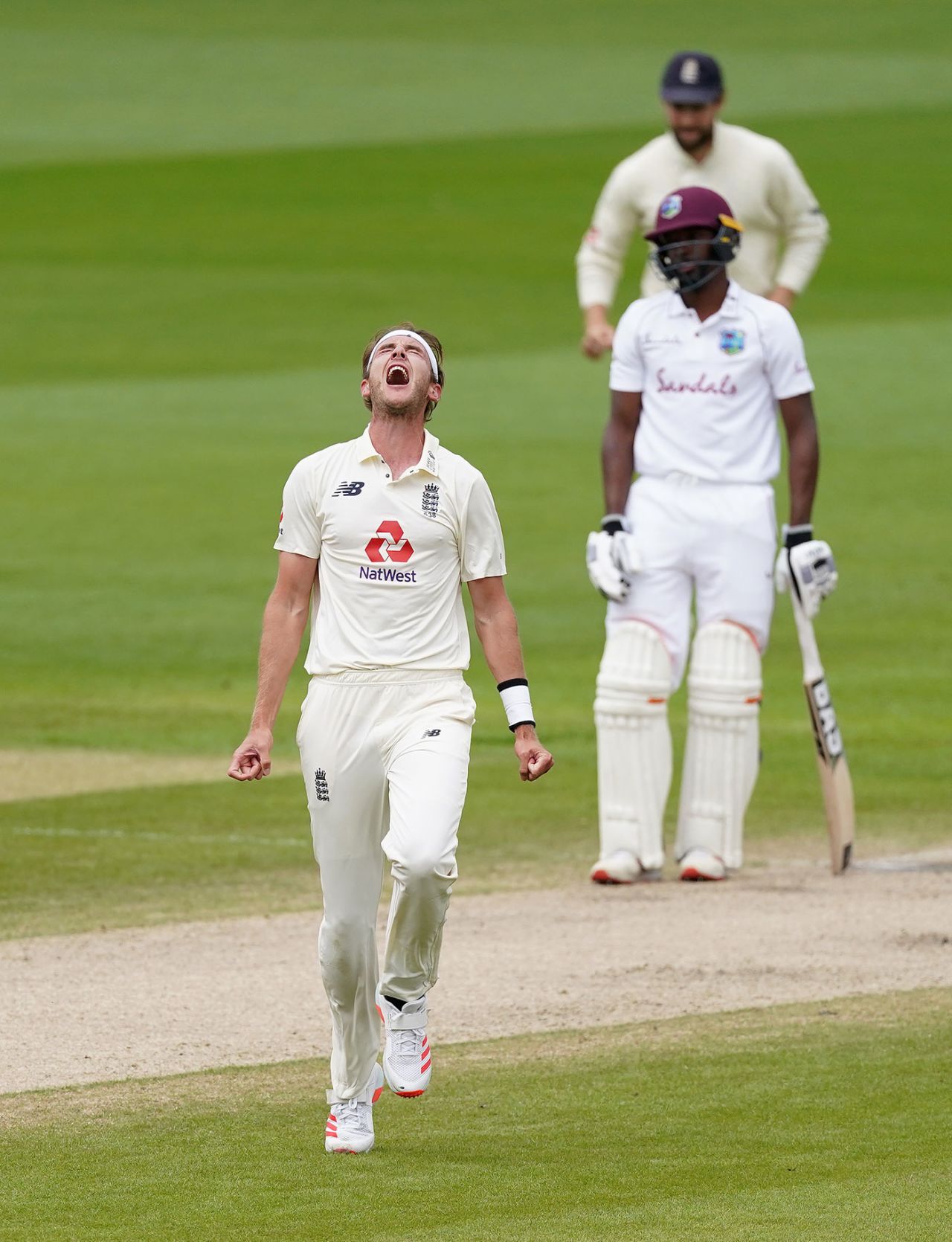 Stuart Broad celebrates the wicket of Shai Hope, England v West Indies, 2nd Test, Emirates Old Trafford, 5th day, July 20, 2020