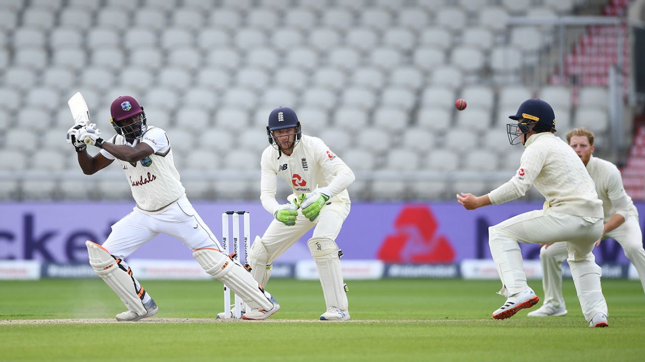 Shamarh Brooks works the ball into the leg side, England v West Indies, 2nd Test, Emirates Old Trafford, 5th day, July 20, 2020