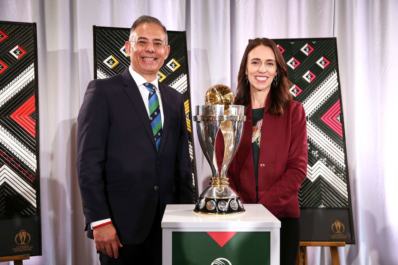 ICC CEO Manu Sawhney and New Zealand Prime Minister Jacinda Ardern at the launch of the Women's ODI World Cup, Wellington, March 11, 2020