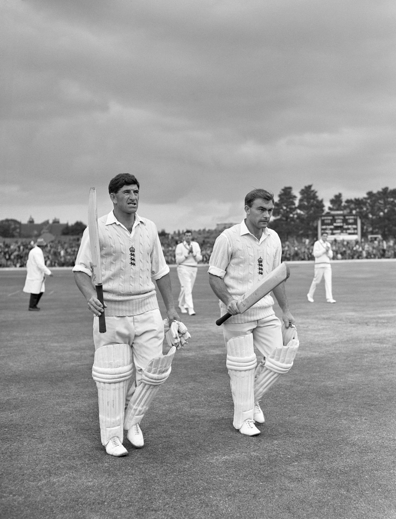 John Edrich (right) walks off next to Ken Barrington during his innings of 310 not out, England v New Zealand, 3rd Test, Headingley, July 8, 1965