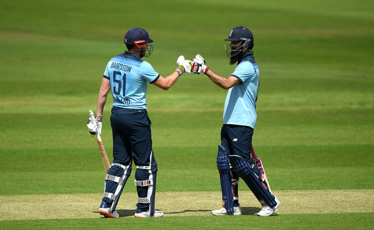 Moeen Ali and Jonny Bairstow punch gloves during England's warm-up, Ageas Bowl, Team Morgan v Team Moeen, July 22, 2020