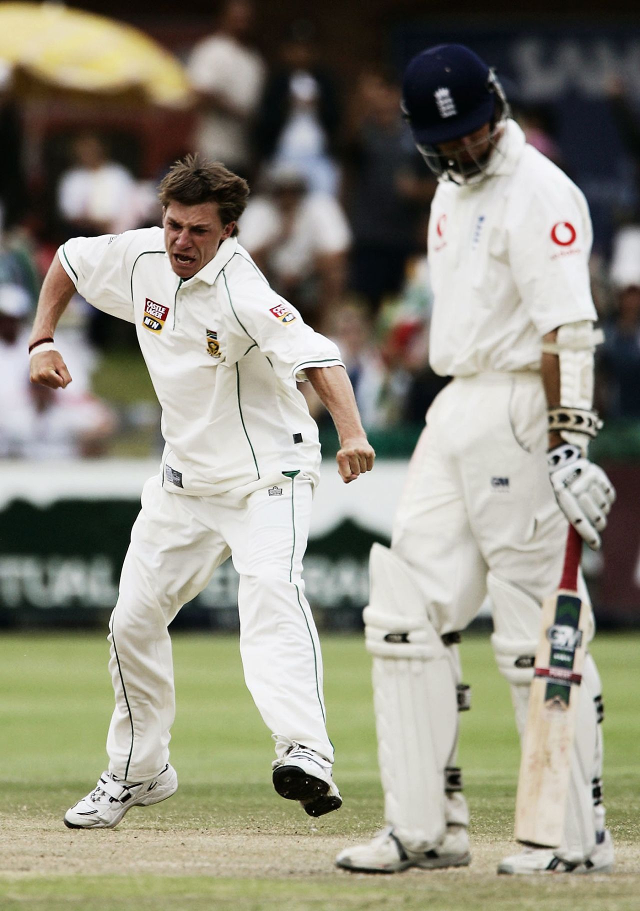 Dale Steyn is jubilant after bowling Michael Vaughan, South Africa v England, 1st Test, Port Elizabeth, 4th day, December 20, 2004